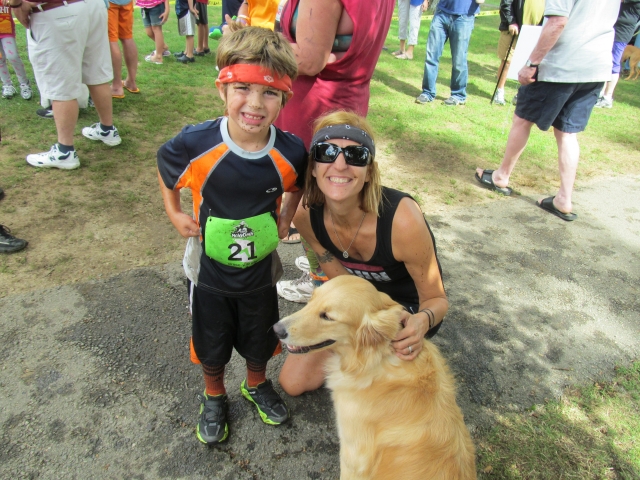 Grandson River, age 5, enters his first race with mom, Jodi.  Ollie, retriever, looks on. From Chas Lyons